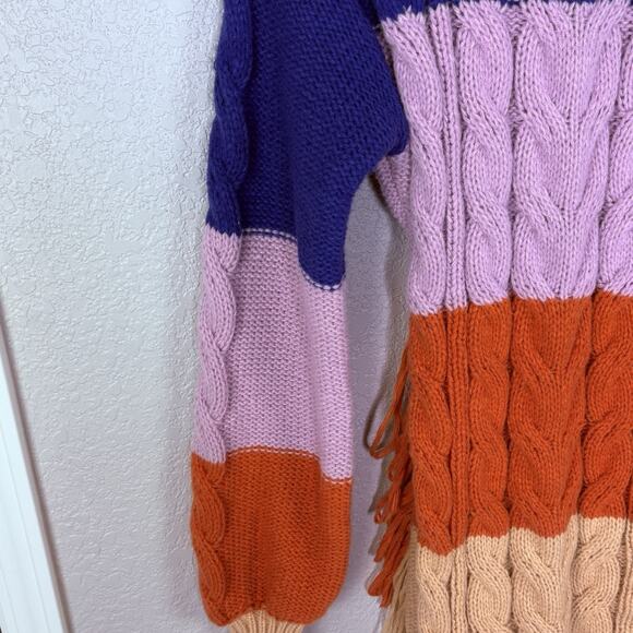 NWT Fashion Nova Sweater Dress Raya Cable Knit Color Block Fringe Rainbow Sz L - Picture 6 of 10
